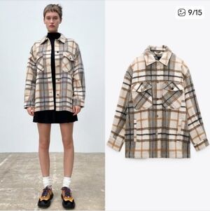 Zara | Oversized Plaid Beige And Grey Wool Blend Shacket Coat